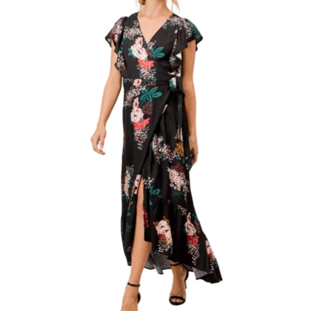 lovestitch Deisy Floral Wrap Maxi Dress - Black S